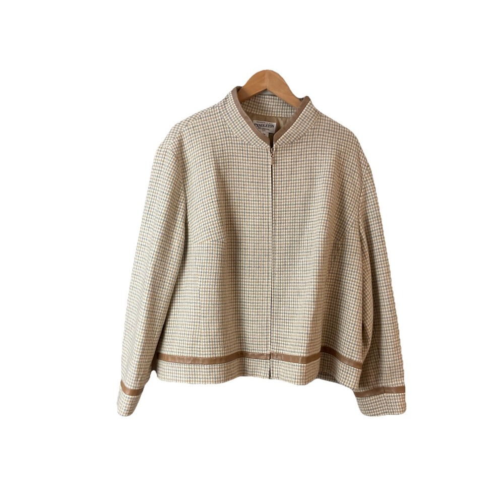 Pendleton Houndstooth Plaid Jacket grey beige blu… - image 8